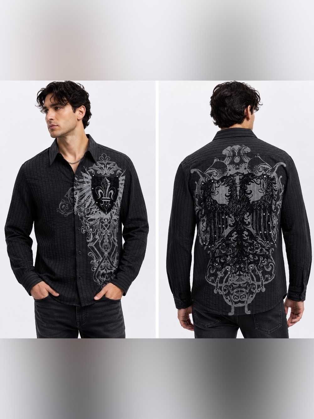 REVOLVE Men’s L Modern Fit Graphic Button Front Shirt Gothic Fleur de Lis Eagle